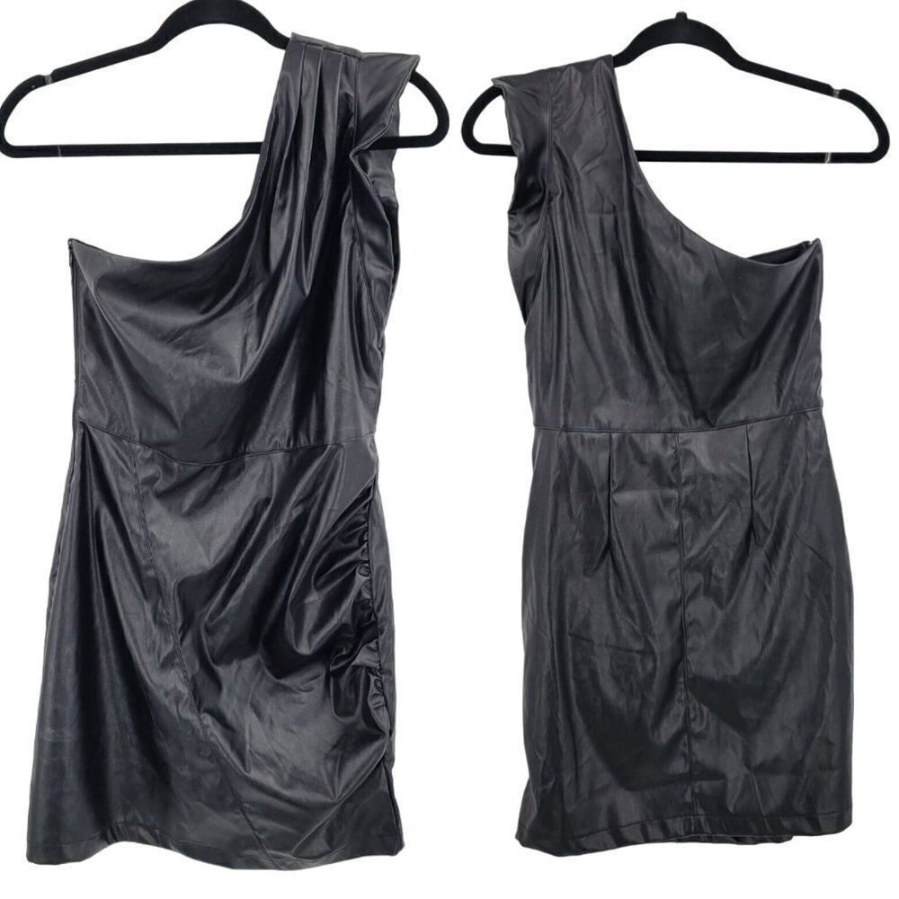 Entro Vegan Faux Leather One Shoulder Mini Dress M Black Ruffle Sexy Cocktail